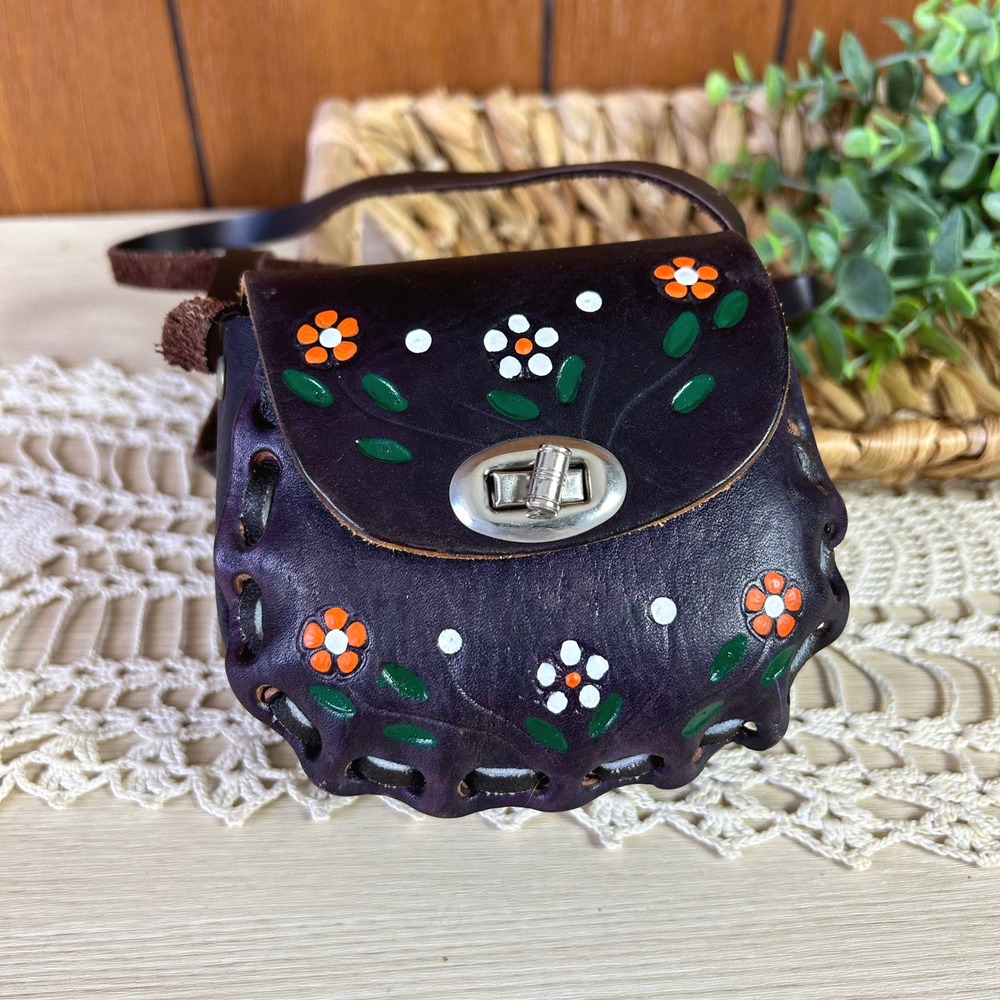 Vintage Handmade Mexico Leather Coin Purse Floral Embroidered‎ Mini Bag Painted